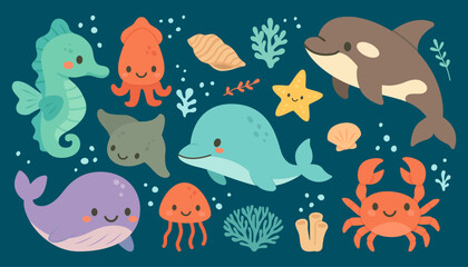 Cartoon Sea Animals Vector Set with Whale, Dolphin, Octopus, Jellyfish, Ray, Crab and Seahorse Surrounded by Coral Reefs and Ocean Plants on Blue Background in Cute Marine Style