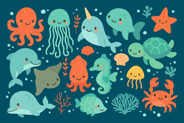 Cartoon Sea Animals Vector Set with Dolphin, Turtle, Octopus, Jellyfish, Ray, Seahorse, Crab and Fish Surrounded by Coral Reefs and Seaweed on Blue Background