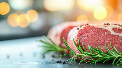 Selection Different cuts of fresh meat displayed at a butcher shop, waiting for customer selection.