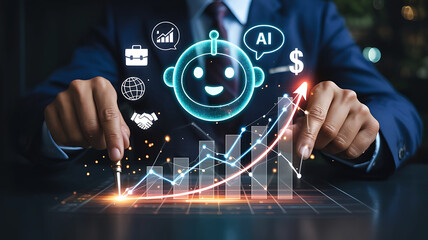 Businessman interacting with a glowing ai chatbot interface displaying financial growth charts and icons