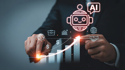 Businessman interacting with glowing ai robot icon and financial growth chart on a digital interface