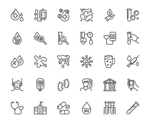 Simple vector collection of blood and medicine related such hospital, surgery, patient, science and anatomy white background, concept of healthcare and illness 48x48 pixel perfect editable stroke line