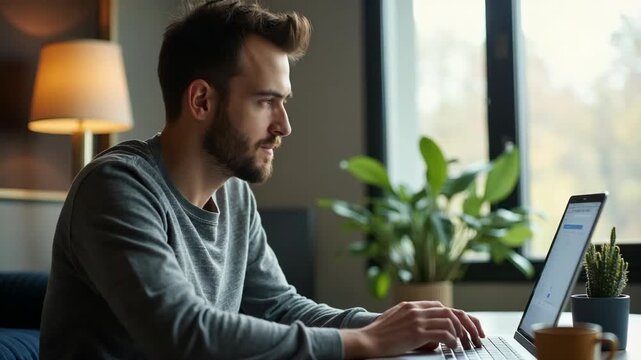 Adult modern age man, creative professional or office worker enjoys time at home. Work remotely during involuntary self isolation in quarantine. Comfortable work environment from c.