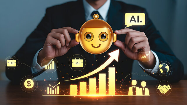 Businessman holding a smiling robot head with ai text in a speech bubble above a glowing financial growth chart