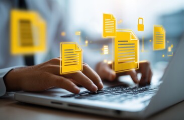 Close-up of person working on laptop, yellow document icons and security lock graphic overlay