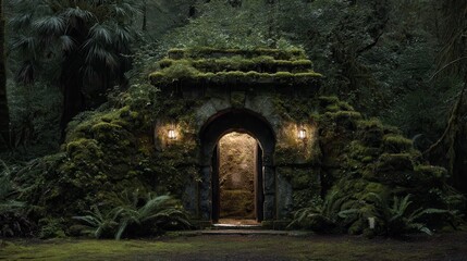 Obraz premium Moss-covered stone archway in a lush forest with a winding path leading into the greenery