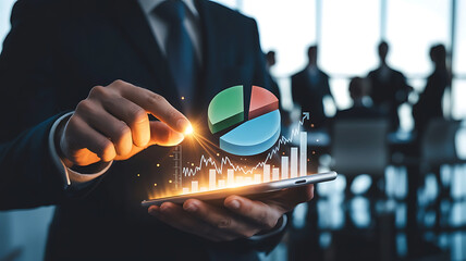 Businessman analyzing financial data and charts on a tablet with a holographic pie chart and bar graph
