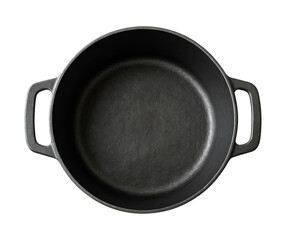 Empty cast iron pot top view. Rustic cooking pan overhead. Heavy duty kitchen cookware