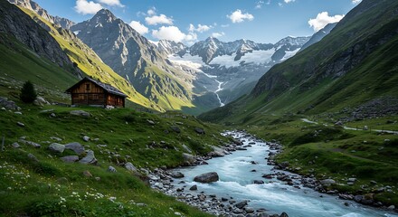 A stunning mountain landscape featuring a fastflowing river cascading through a valley, with a charming wooden cabin nestled on the hillside, against a backdrop of snowcapped peaks