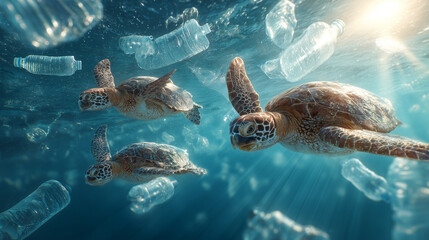 Sea turtle swimming through plastic drinking bottles.