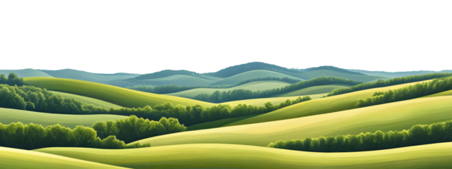 Rolling green hills and distant mountains under a dark sky isolated on transparent background