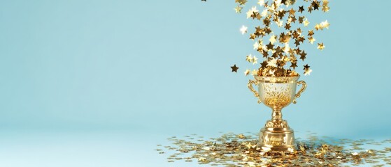 The trophy overflowing with golden stars symbolizes celebration and achievement.