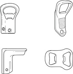 Bottle opener vector set, four unique designs, front view sketch, mounted opener styles, compact grip, functional bar tool concept, realistic illustration