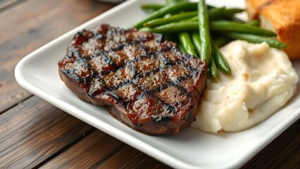 A grilled steak with mashed potatoes and green beans on a plate
