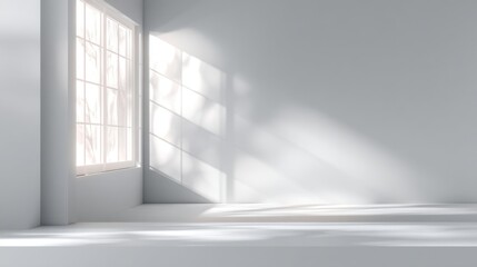 Fototapeta premium Sunlight streams through a wooden window into a minimalist room, creating soft shadows on the white walls and polished floor, evoking a sense of tranquility and openness.