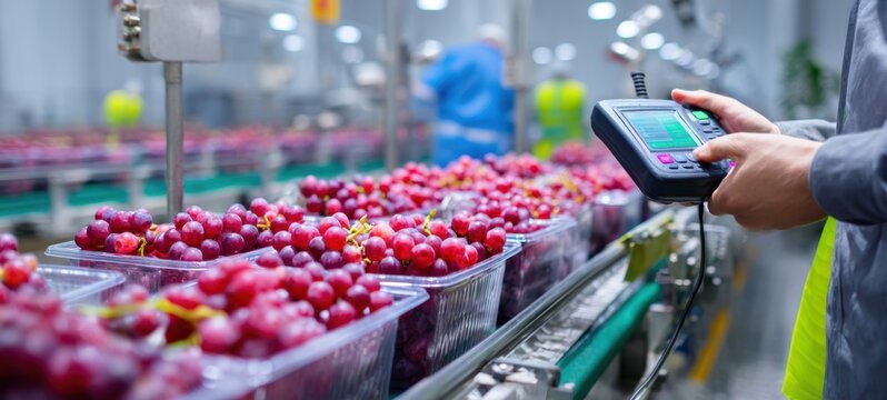 The grapes being processed and inspected in a modern fruit packaging facility