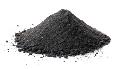 A mound of dark black activated carbon powder is isolated on a transparent background, highlighting its fine texture and granular composition