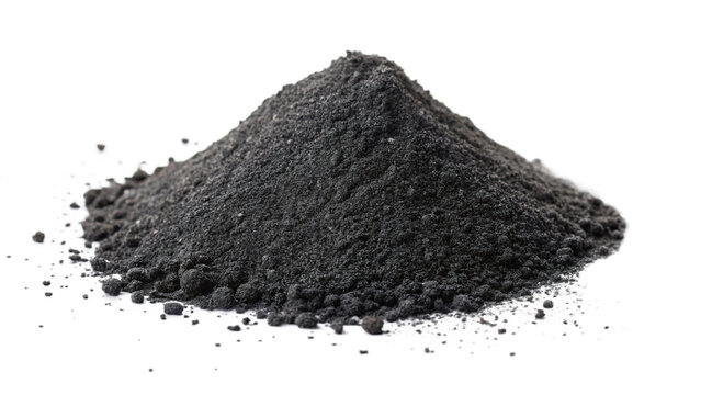 A mound of dark black activated carbon powder is isolated on a transparent background, highlighting its fine texture and granular composition