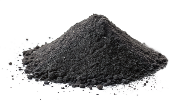 A mound of dark black activated carbon powder is isolated on a transparent background, highlighting its fine texture and granular composition