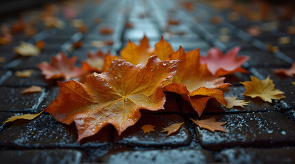 Autumn leaves on wet cobblestone street after a rainfall event
