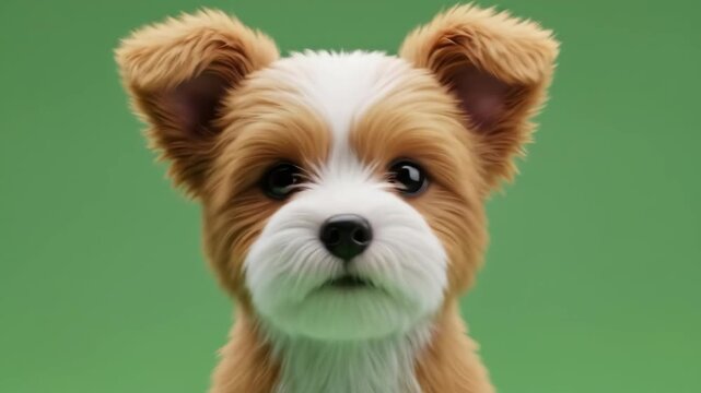 Adorably Fluffy 3D Rendered Puppy Sitting on a Green Screen Background for Easy Compositing