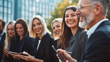 Business people using smartphone outdoors for social communication, teamwork, and technology urban environment with modern buildings and natural light - Powered by Adobe