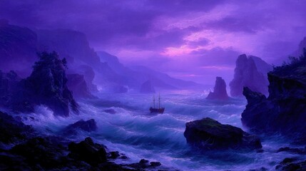 Purple Stormy Seascape With Ship At Twilight