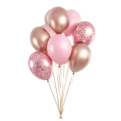 A festive bouquet of rose gold and pink balloons with confetti isolated on transparent background
