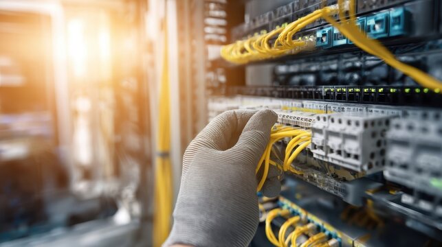 The technician organizing network cables in a modern server room environment.