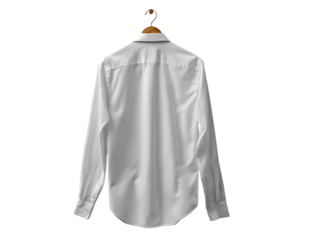 Wrinkled White Formal Shirt Hanging on Wooden Hanger, Back View, Soft Natural Fabric Texture, Isolated on Transparent Background