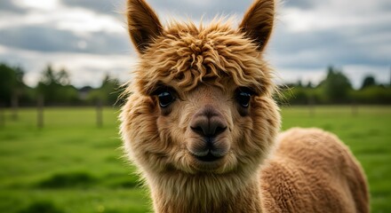 Close up of an alpaca with goldenbrown wool set against a green meadow and cloudy sky