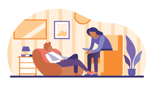 Illustration of a therapy session with a patient reclining and therapist listening intently and sitting