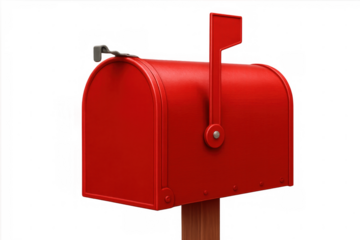 Vintage red mailbox signaling incoming correspondence, flag raised, against transparent backdrop