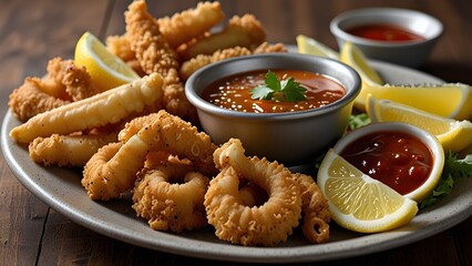 Fried calamari rings and chicken wings served with dipping sauce on a plate