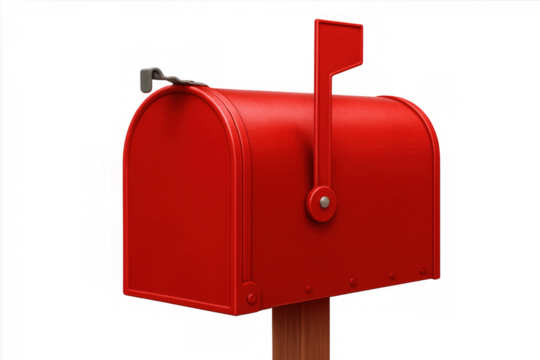 Vintage red mailbox signaling incoming correspondence, flag raised, against transparent backdrop