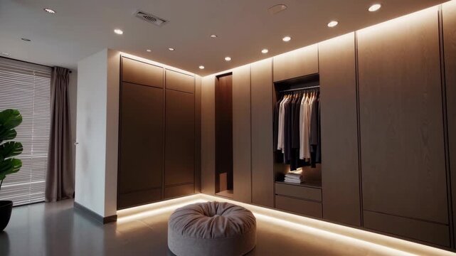 A modern dressing room with a minimalist high-tech design, showcasing a neatly organized wardrobe. The wardrobe is equipped with a built-in storage space, warm lighting and comfortable armchairs