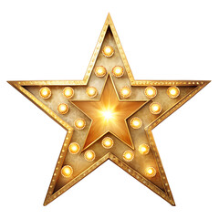 A vintage golden marquee star sign with glowing bulbs isolated on a transparent background