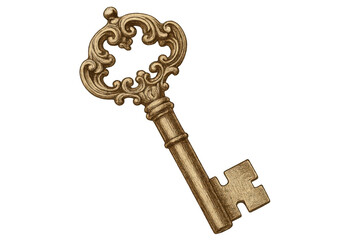 Vintage golden key with intricate design, resting on clear surface, representing unlocking secrets, protection, possibilities