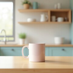 Fototapeta premium Mug mockup a pink mug sits on a wooden surface in a bright kitchen with shelves and cabinets in the background