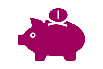 The image shows a stylized icon of a piggy bank. The piggy bank is illustrated in solid purple, with a white circular eye and a coin being inserted into a slot on its back. 