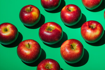 group of many apples lay on green background in sunshine