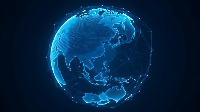 Digital planet Earth with glowing lines and nodes on a dark blue background