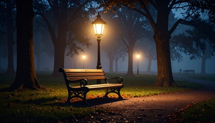 Park bench under foggy night