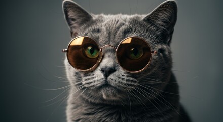 Stylish cat wearing sunglasses with curious green eyes