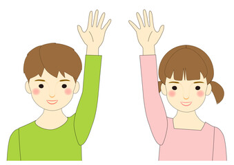 Boy and girl looking straight ahead and raising one hand with a smile