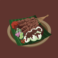 Indonesian food flat vector illustration. Sate ayam or chicken satay with peanut sauce drawing.