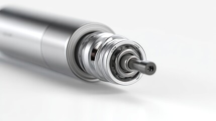 Close-up of a silver metal drill head showcasing intricate internal components and mechanical design.