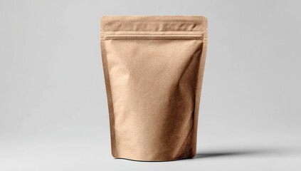 Beige, resealable stand-up pouch on a light gray background