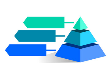 Infographic statistical hierarchical illustration of green and blue triangles divided and cut into thirds , Pyramid shape made of three layers for presenting business ideas or statistical data