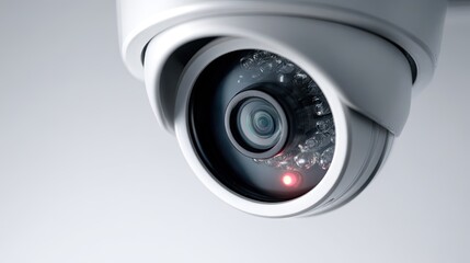 Close-up view of a modern security camera lens with a red indicator light.